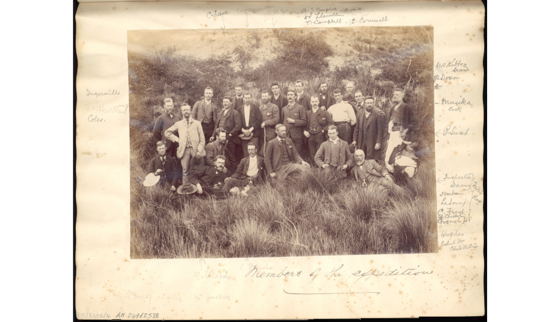 Sepia photographs of the expedition group from 1887, all men.