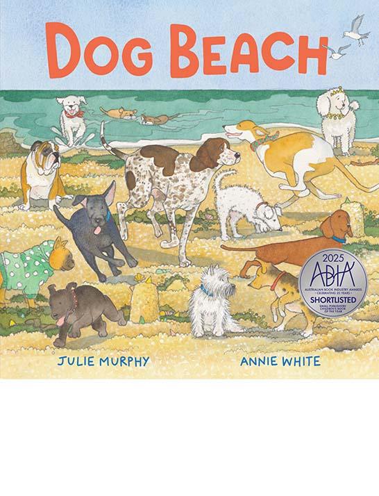 Cover of the book 'Dog Beach' showing dogs running around on a beach