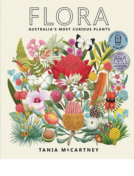Flora: Australia's Most Curious Plants' showing a variety of colourful flowers on a light yellow background