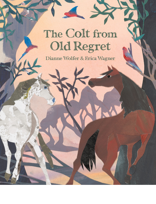 Book cover for 'The Colt from Old Regret' which features illustrations of a brown horse and a white horse in the Australian bush