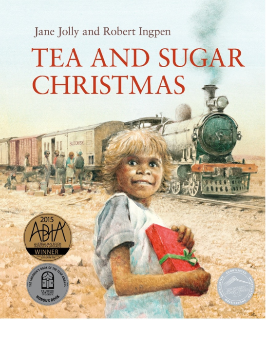Cover for children's book 'Tea and Sugar Chrismas' featuring an illustration of a young child holding a wrapped christmas present standing and smiling in front of a train