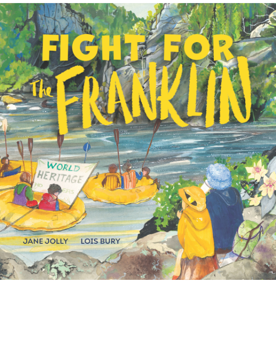 Children's book cover with an illustration of people in yellow rubber boats on a river, with a young girl and an old man looking on