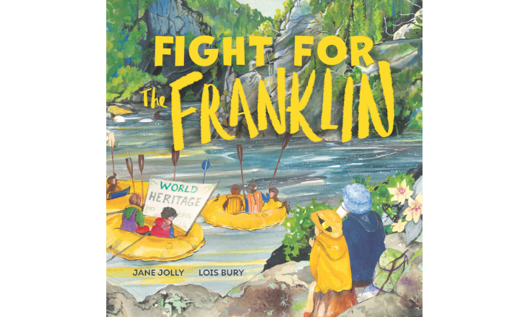 Children's book cover with an illustration of people in yellow rubber boats on a river, with a young girl and an old man looking on