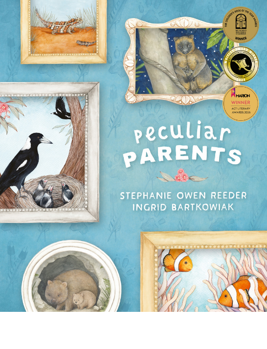 Cover for 'Peculiar Parents' by Stephanie Owen Reeder and illustrated by Ingrid Bartkowiak, featuring illustrations of framed animal pictures on a blue background