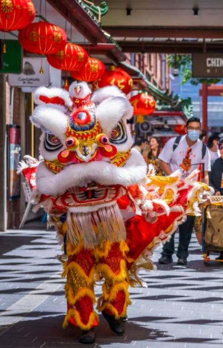 People watch lion dances in Chinatown Plaza in Adelaide