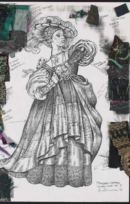 Black and white sketch of costume for the Princess-Mother in Swan Lake, with swatches of fabrics around the edges