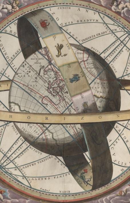 Globe of the world, surrounded with rings depicting the 'horizon' and signs of zodiac
