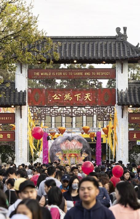 Street full of people celebrating Fairfield City Council's Cabramatta Moon Festival