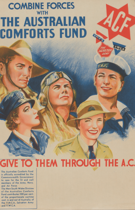 Poster depicting men and women from Australia's Defence Forces. Text on the poster includes, 'Combine forces with the Australian Comforts Fund. Give to them through the A.C.F.'