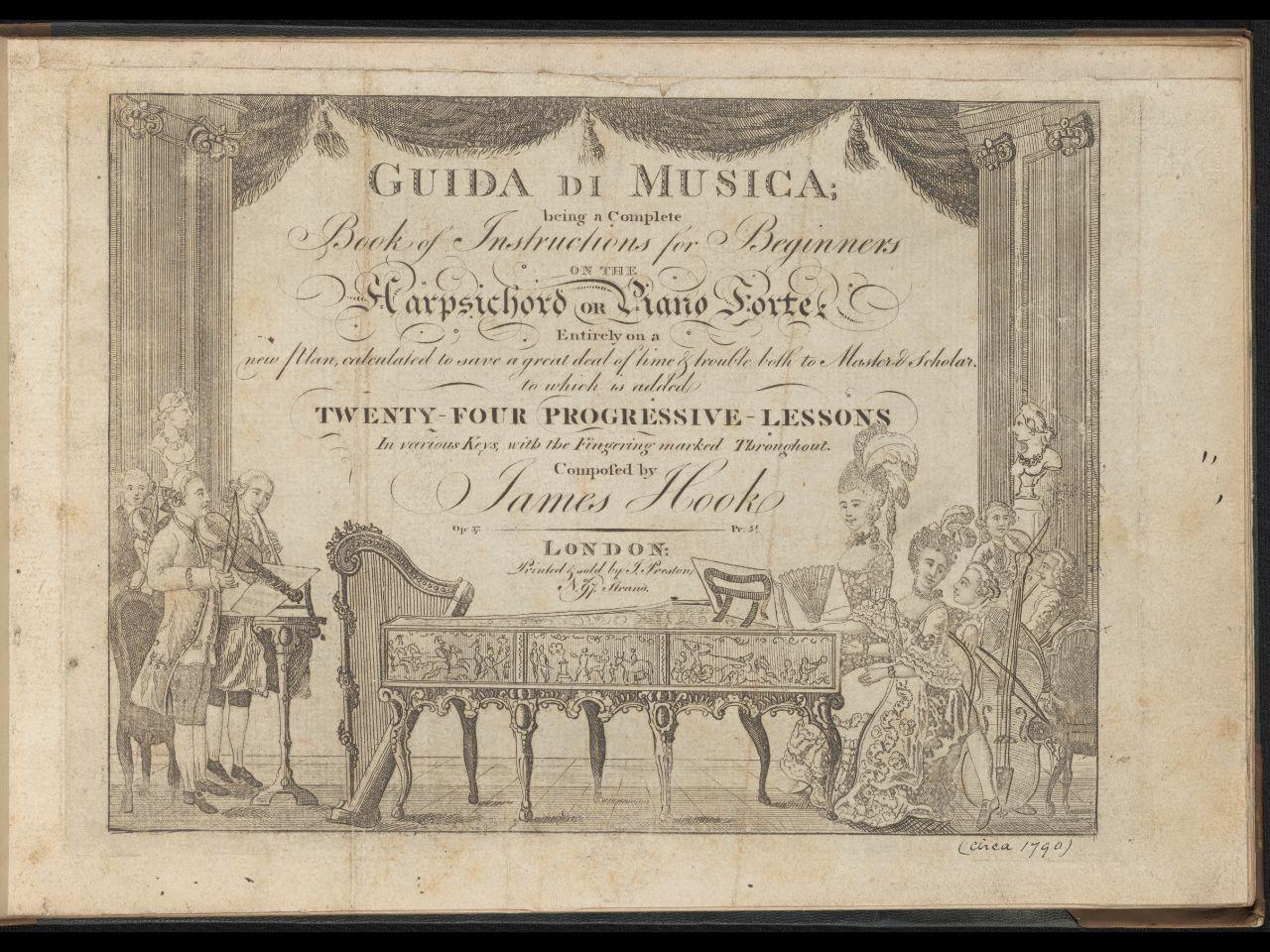 Title page of a landscape oriented printed book: ornate engraving featuring musical performers. Scene is framed by theatre curtains.