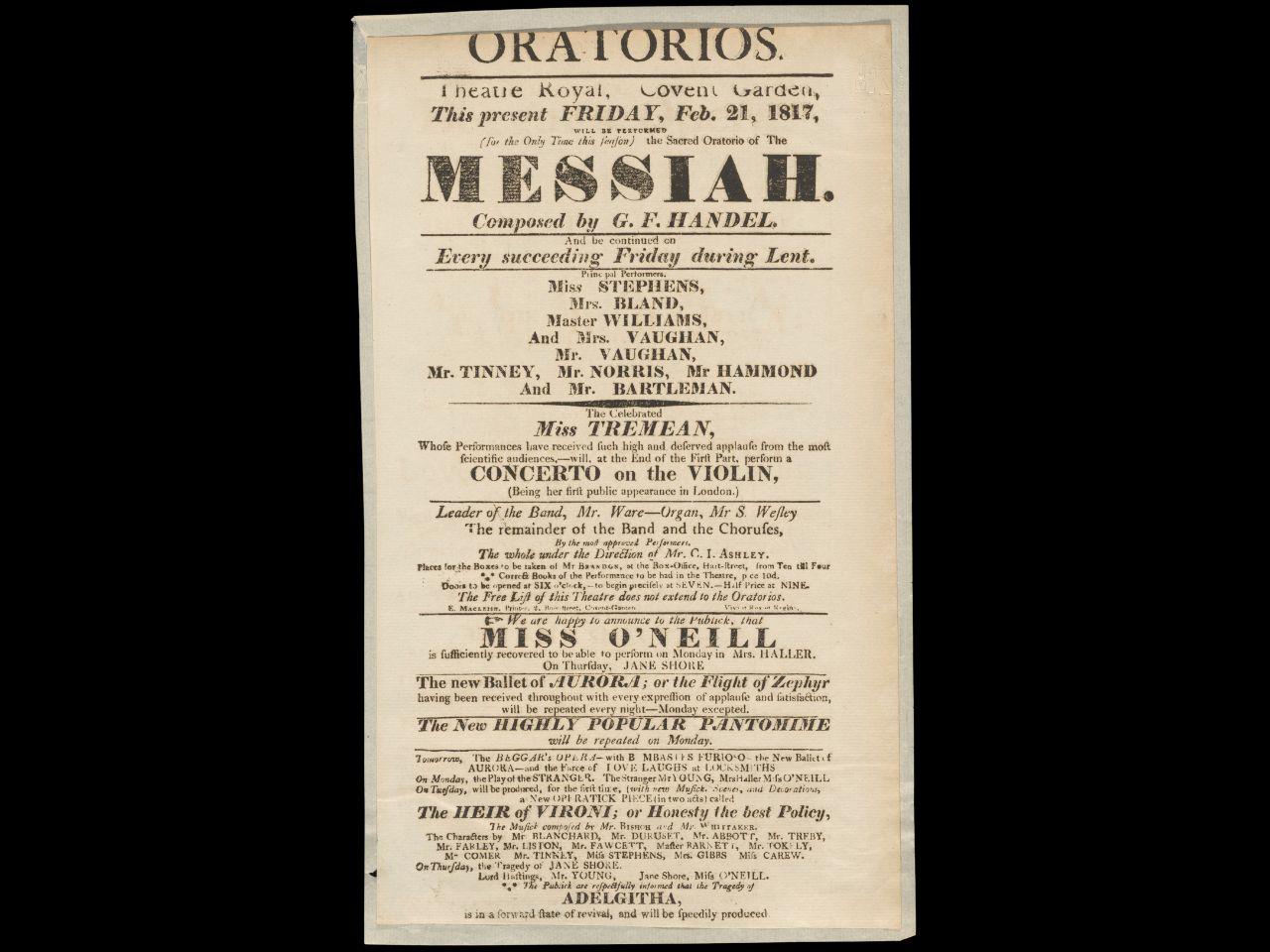 Front page of a theatre broadside with details of a performance of 'Messiah' composed by G. F. Handel