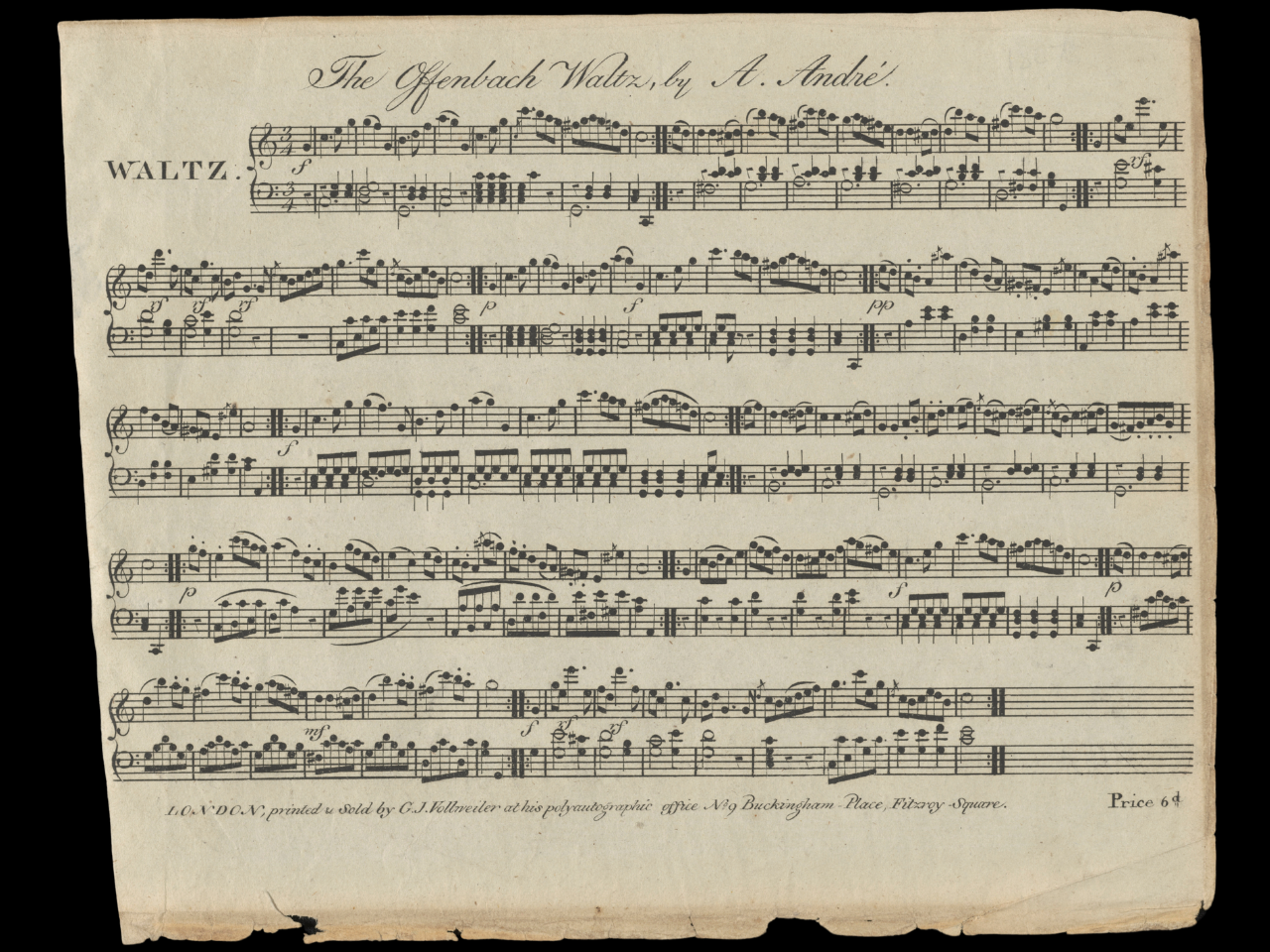 Page of sheet music, the title at the top reading 'The Offenbach Waltz, by A. André'