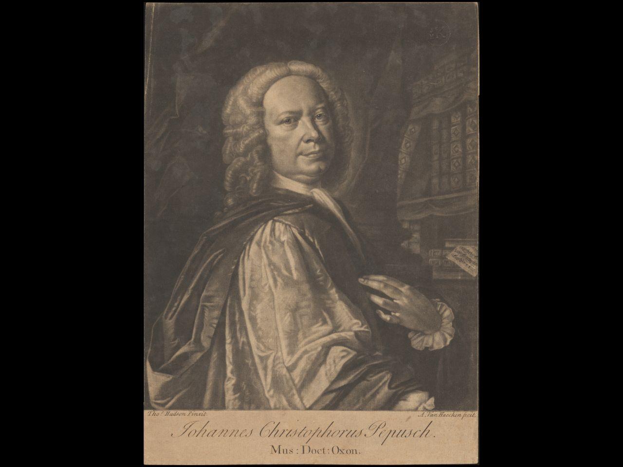 Portrait of a man with rolled, curly hair wearing robes