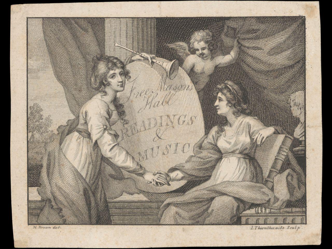 Print of two women in dresses holding hands. One has a trumpet in her other hands and is leaning over a sign reading 'Free Masons Hall Readings & Music'