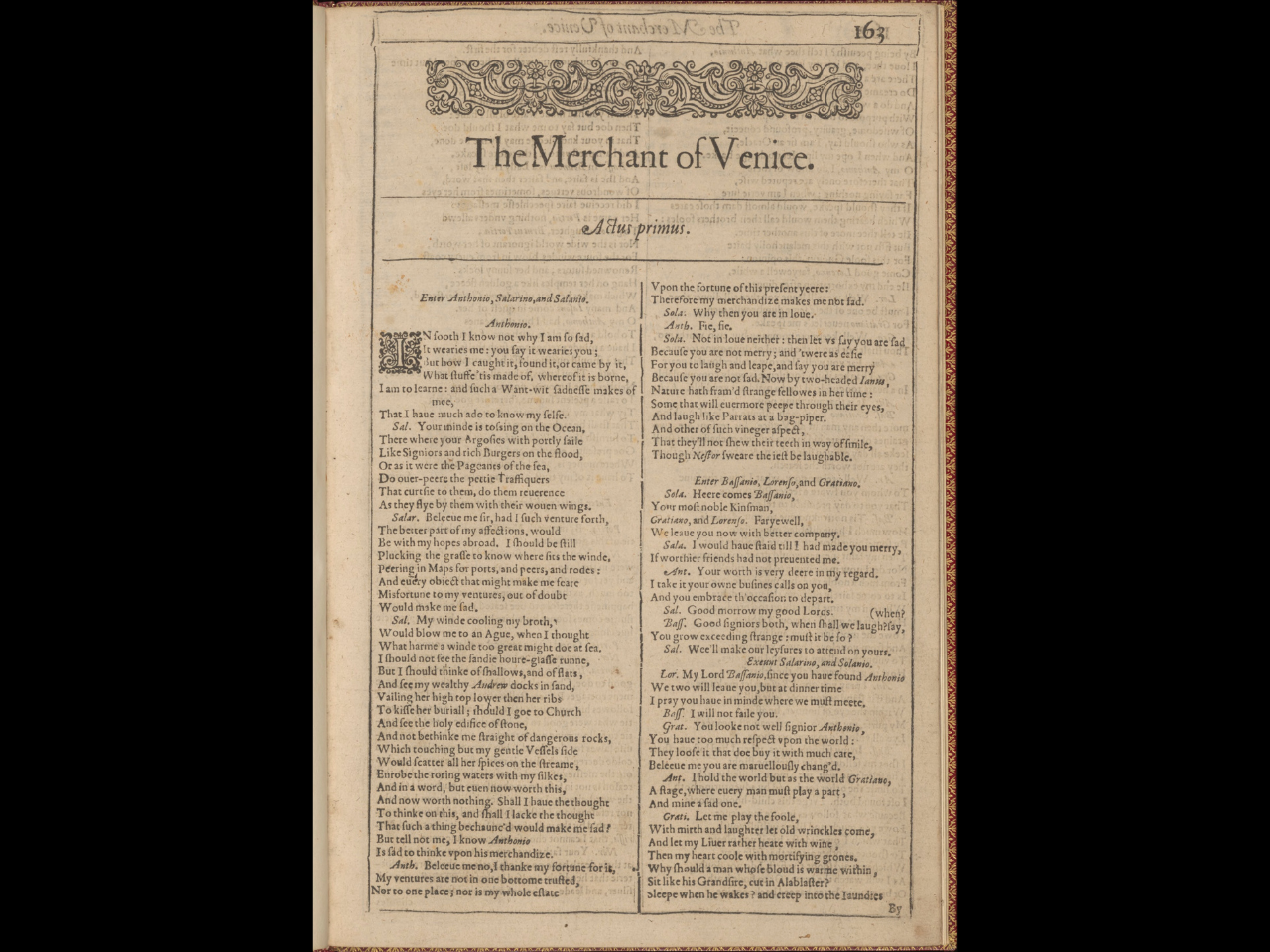 Opening page of The merchant of Venice. The title is at the top of the page. The play content is in two columns beneath. 