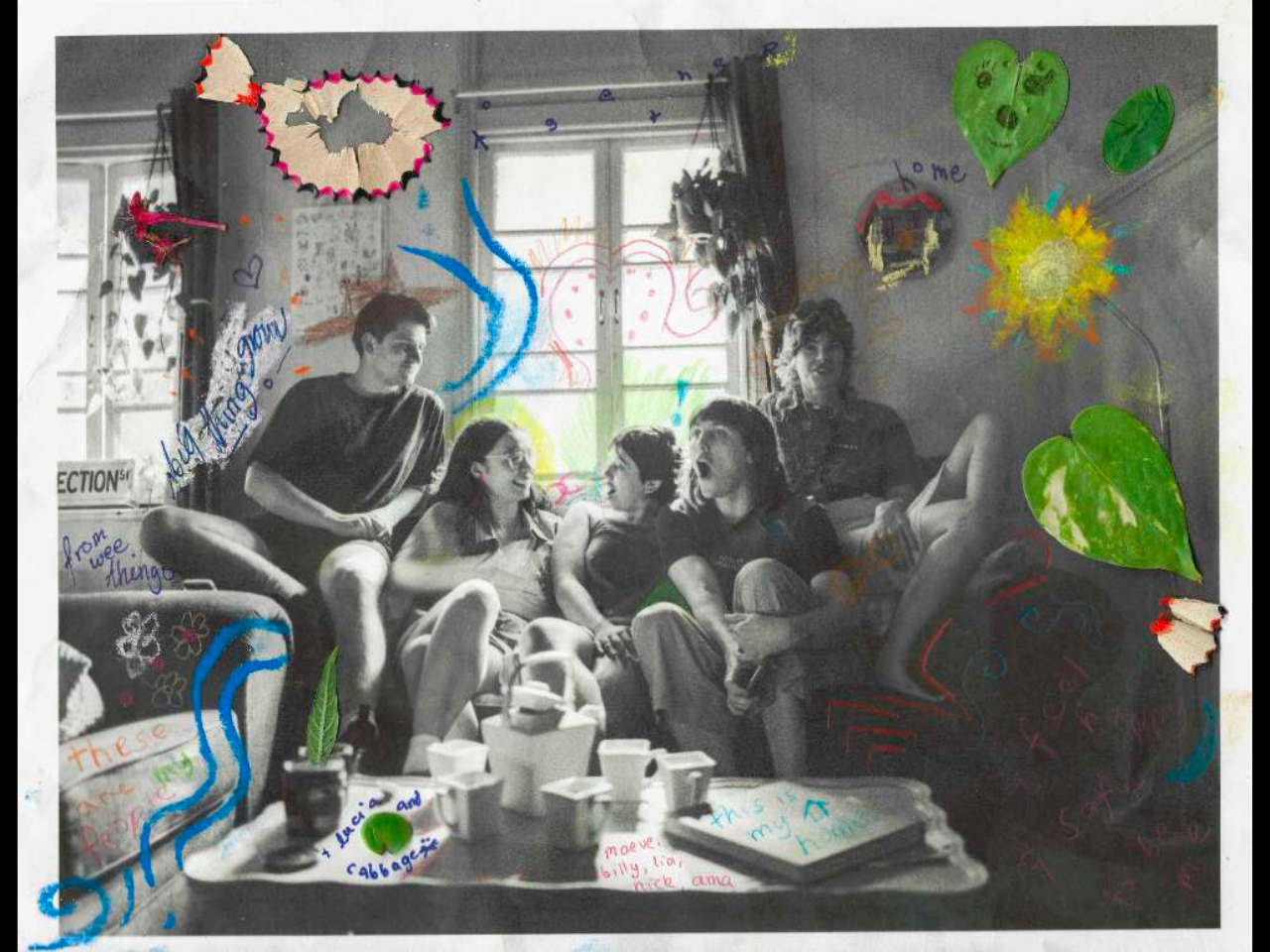 Five people sit on a couch in a living room. Decorative elements like written annotations, leaves and pencil shavings sit atop the image.