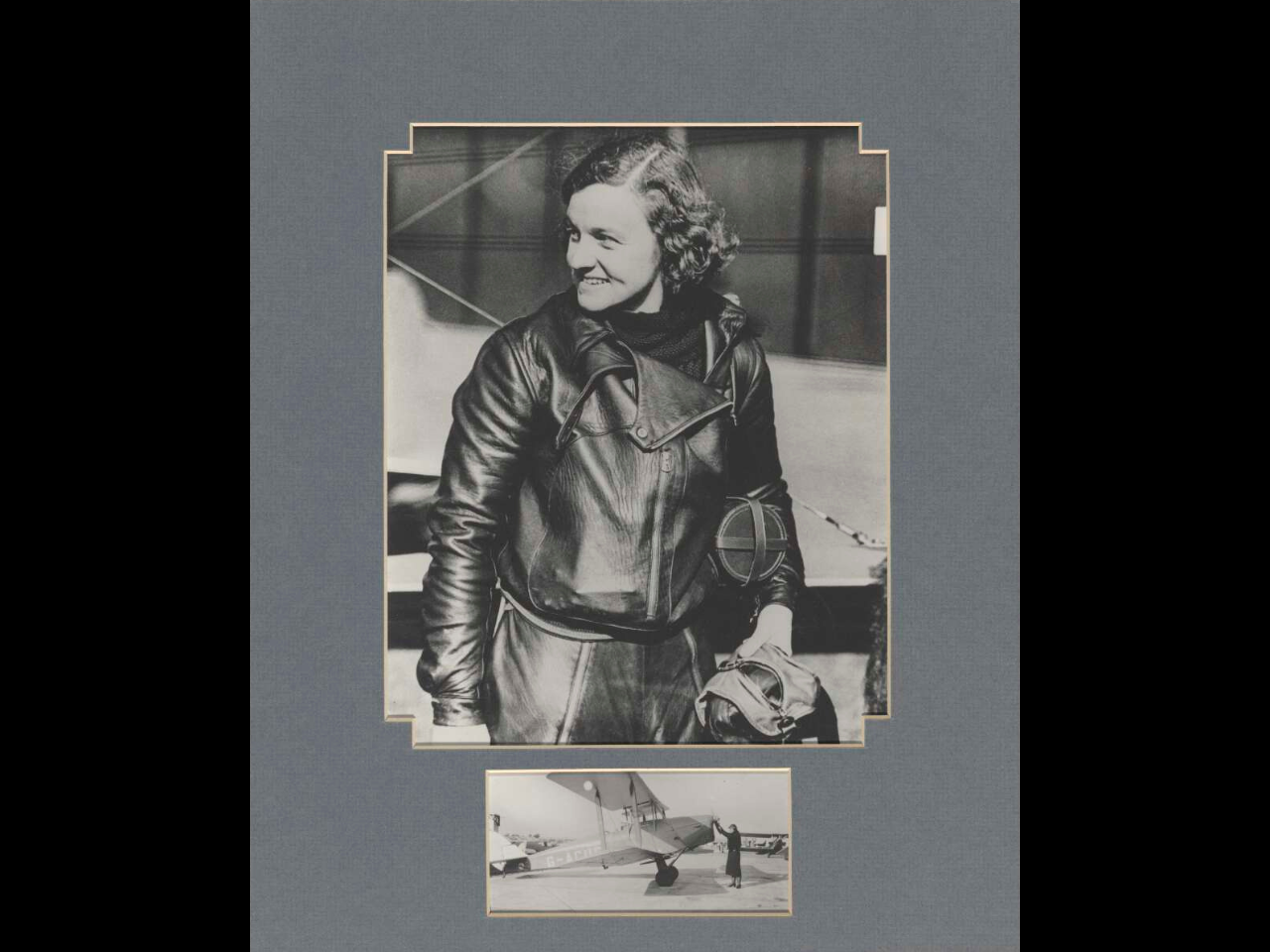 There are two photographs featured in this image. The image on the top is of Freda Thompson in her flight gear. The lower image shows Thompson rotating the propellor of her aeroplane. 