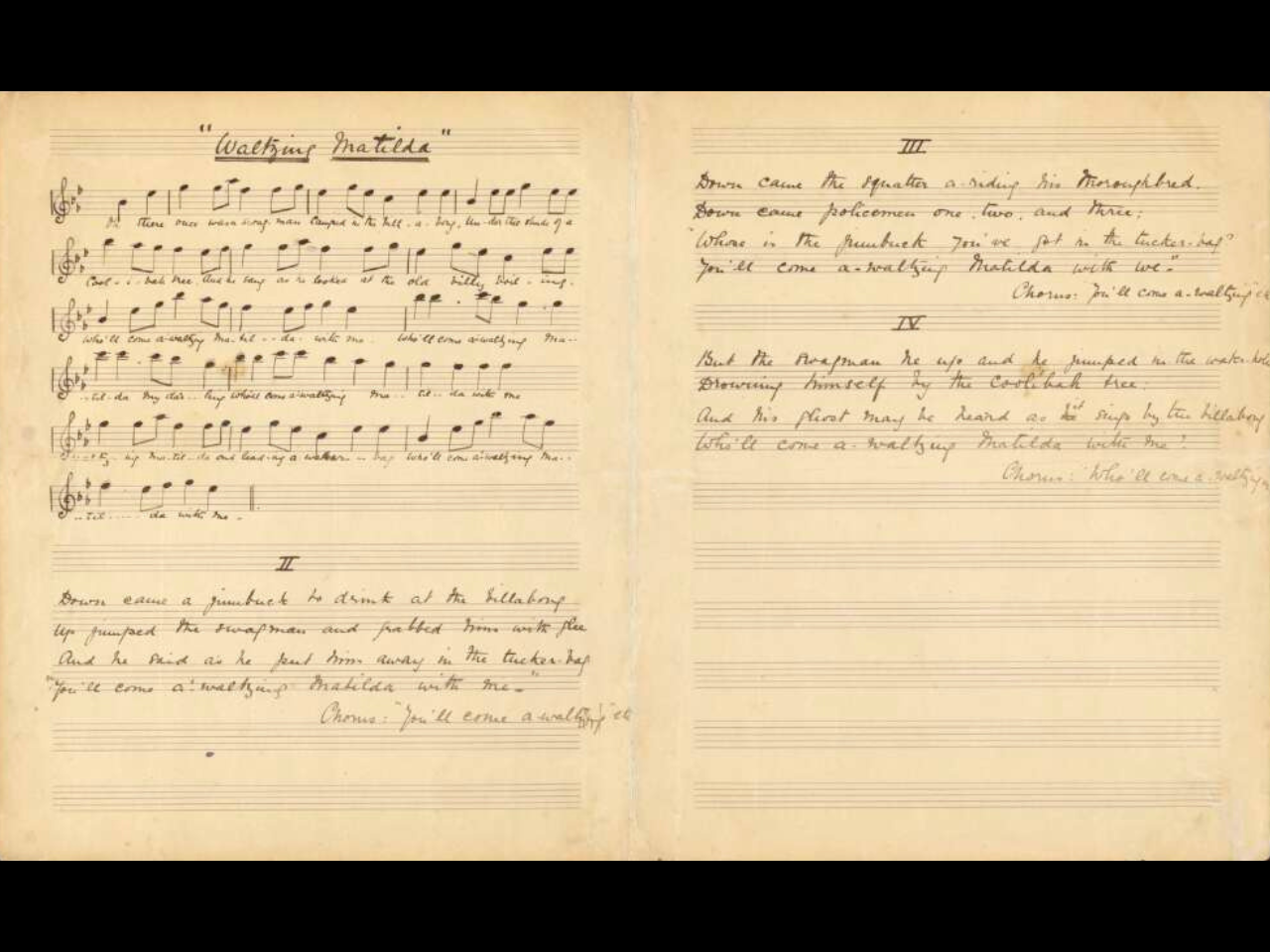 Two pages of music manuscript. On the top of the left-hand side page is the title of the song, ‘Waltzing Matilda’.