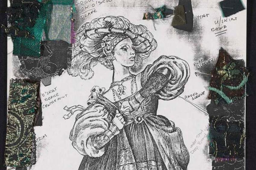 Black and white sketch of costume for the Princess-Mother in Swan Lake, with swatches of fabrics around the edges