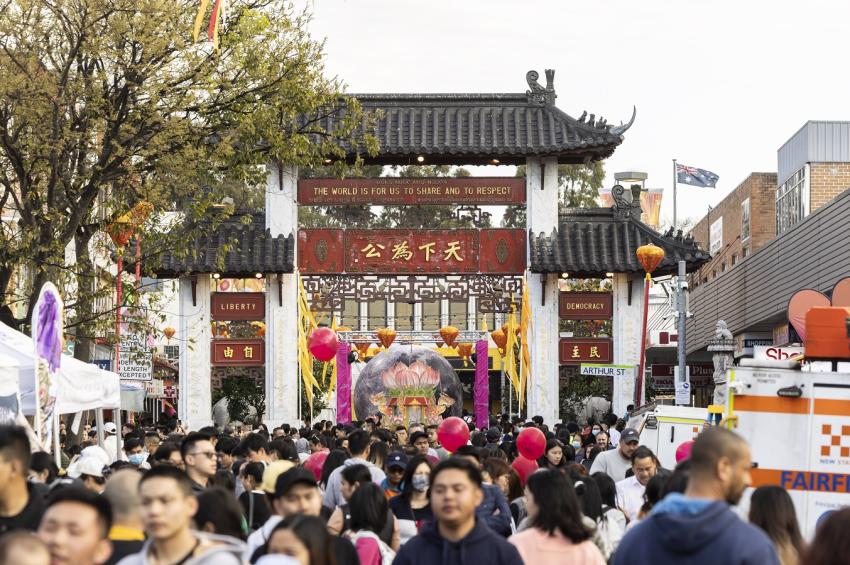 Street full of people celebrating Fairfield City Council's Cabramatta Moon Festival