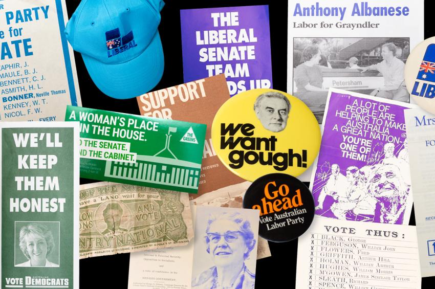 Various ephemera relating to Australian federal election campaigns spread over a black background
