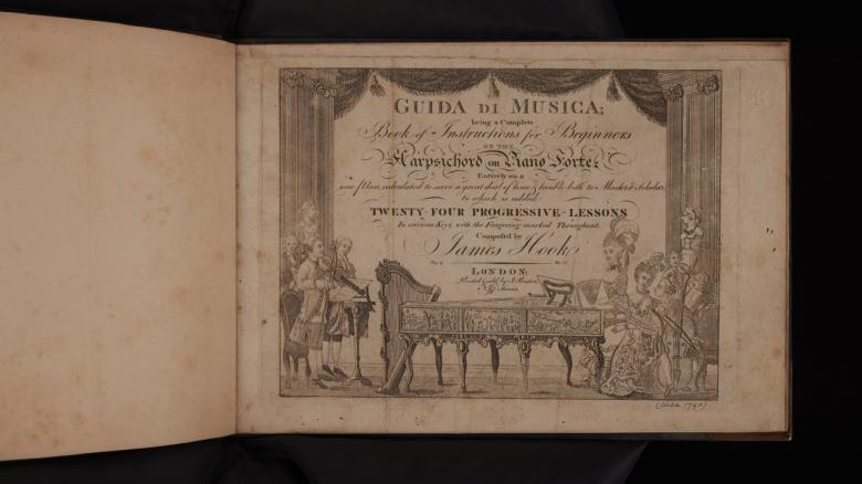 Title page of a landscape oriented printed book: ornate engraving featuring musical performers. Scene is framed by theatre curtains.