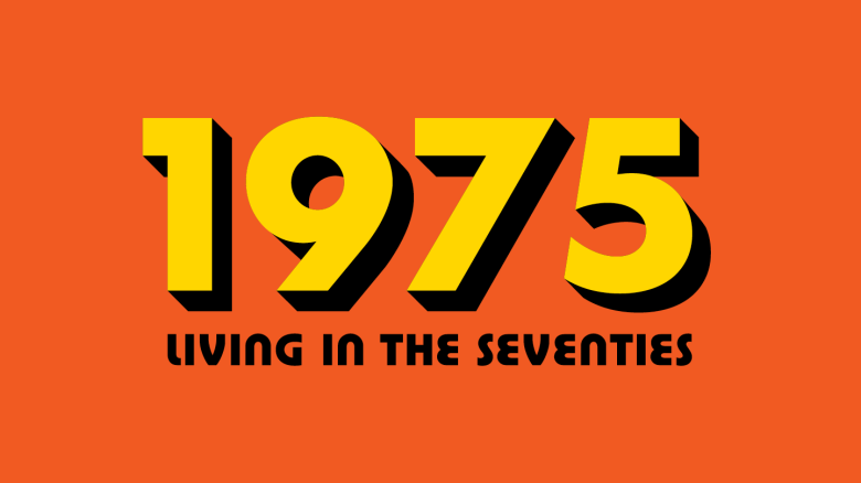 Text in a retro font reading '1975 Living in the Seventies' on a bright orange background