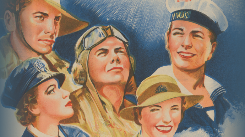 Portion of a poster depicting men and women from Australia's Defence Forces.