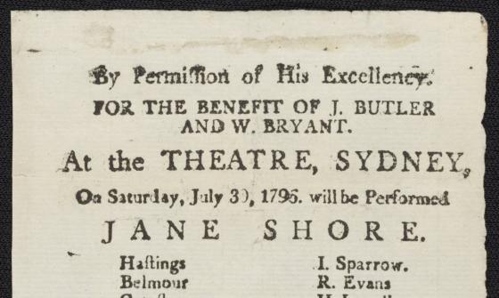 Copy of a printed playbill containing details for a performance of Jane Shore at the Sydney Theatre in 1796.
