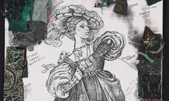 Black and white sketch of costume for the Princess-Mother in Swan Lake, with swatches of fabrics around the edges