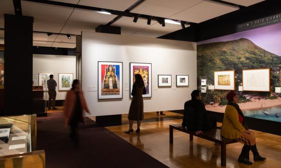 Anticlockwise from the bottom right hand corner: two people sitting on a bench in a gallery, looking at the Mabo wall displays. One person is standing up looking at a framed poster. Another person is standing at the back of the gallery space looking at botanical artworks. Another person is blurred as they walk through the space.