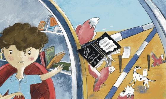 Drawing of a boy throwing a book out of a window