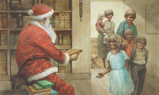 Santa Claus presenting gift to family entering the room