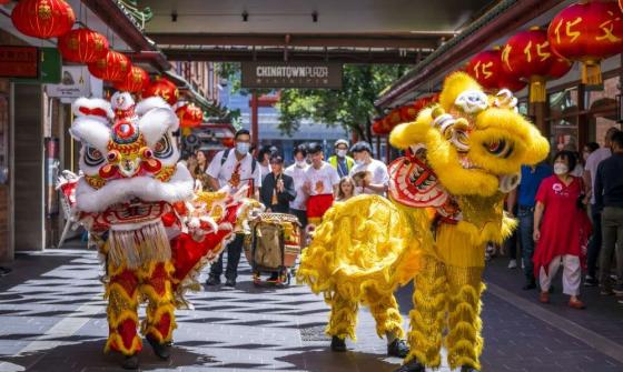 Dancers wearing tradition lion costume performing for Chinese New Year. There are two lions, one red and one yellow, with two people in each costume. Behind them stand spectators and a drummer
