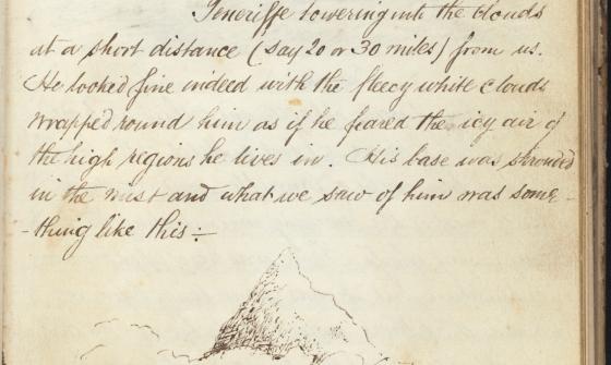 Bottom half of a page in a diary with writing about seeing a mountain in the distance and a sketch of what it looked like