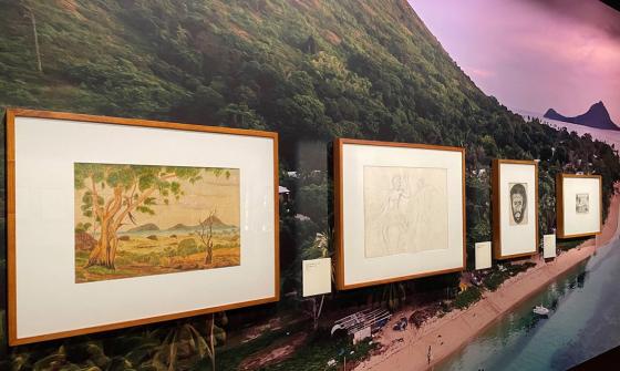 Four framed pictures hanging on a wall that has an image of an island on it.