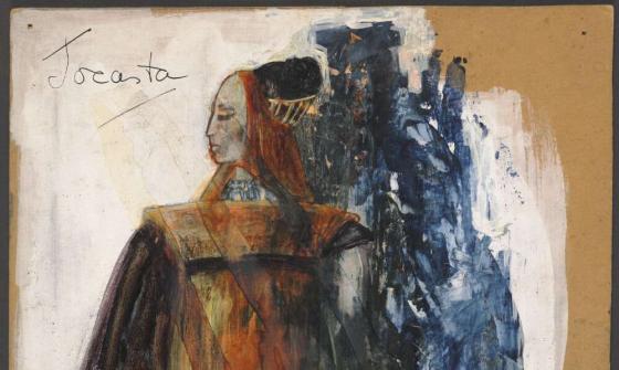 A stylized sketch of a regal figure in profile, draped in layered, flowing garments of deep browns, reds, and oranges. The figure wears a structured headpiece, with dark hair tied up. A textured, abstract background in blue and white contrasts with the rich colours of the clothing. The figure stands poised and dignified, gazing slightly downward.
