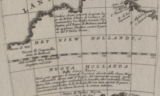 A black and white map showing Australia, then called New Holland, in the late 1600s.