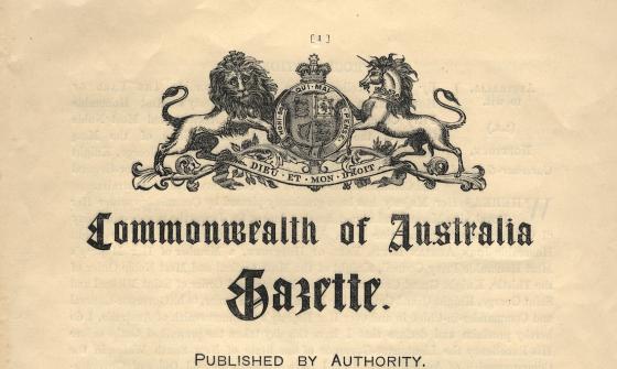 Front page of the Commonwealth of Australia Gazette, with a large image of the Australian coat of arms at the top