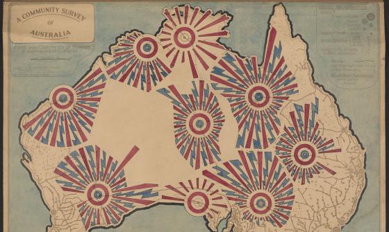 Hand coloured manuscript map of Australia, on base map titled 'A community survey of Australia', showing reach of Flying Doctor Service in red and reach of wireless communication in blue. Shows locations as Wyndham, Port Hedland, Kalgoorlie, Alice Springs, Cloncurry and Charleville and Broken Hill.