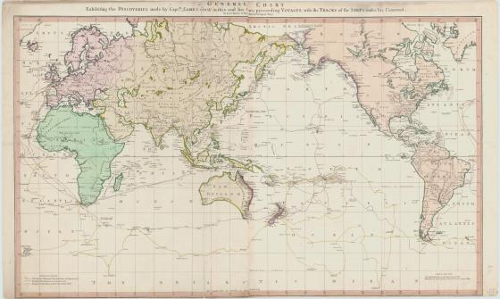 An antique world map titled 'General Chart' showing the discoveries made by Captain James Cook during his voyages.
