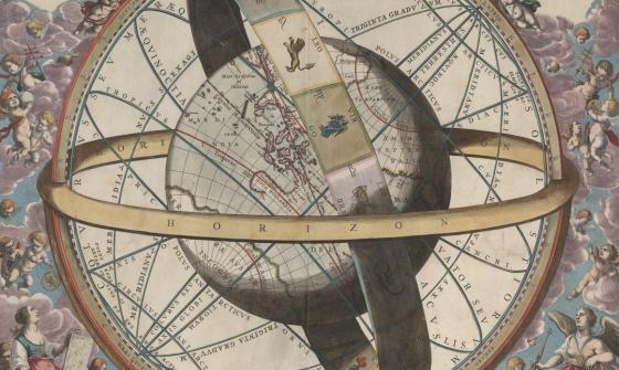 Globe of the world, surrounded with rings depicting the 'horizon' and signs of zodiac