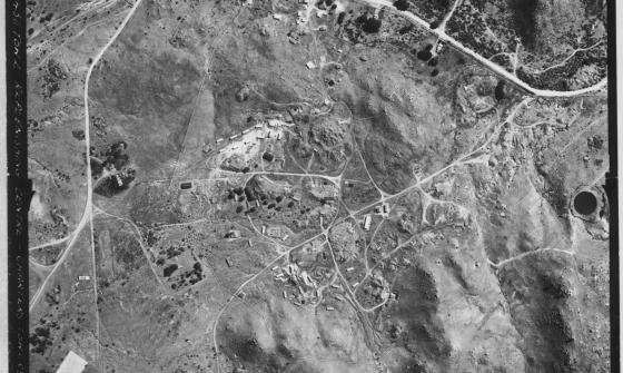 A black and white aerial image of Charters Towers. 