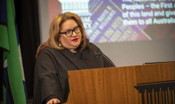 A person with long brown hair and glasses stands behind a wooden lectern, speaking into a microphone. The background features a screen displaying partially visible text and graphics. To the left, green and blue from the flag of the Torres Strait Islands is visible.