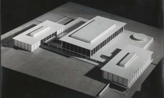 Simple model of three rectangular, connected buildings with columns and flat rooves.