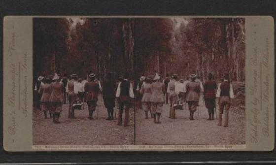 An old photograph of people in sensible clothing going for a walk in the bush.