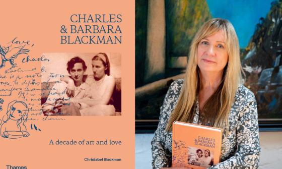 The left hand side of the image is the front cover of the book 'Charles &amp; Barbara Blackman: A Decade of Art and Love'. The right hand side of the image is a portrait photograph of a woman with long hair holding a book.