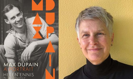 On the left is the front cover of the book 'Max Dupain: A Portrait'. On the right is a photo of a woman with short hair, wearing a black tutrtle-neck top and standing in front of a yellow background.
