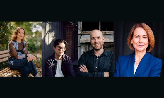 Four photographs of people smiling. Two of the photographs are of women and two are of men.