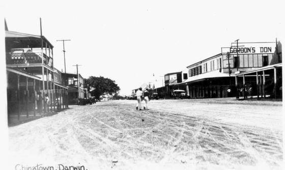 Black and white photo of an empty street in Chinatown, Darwin